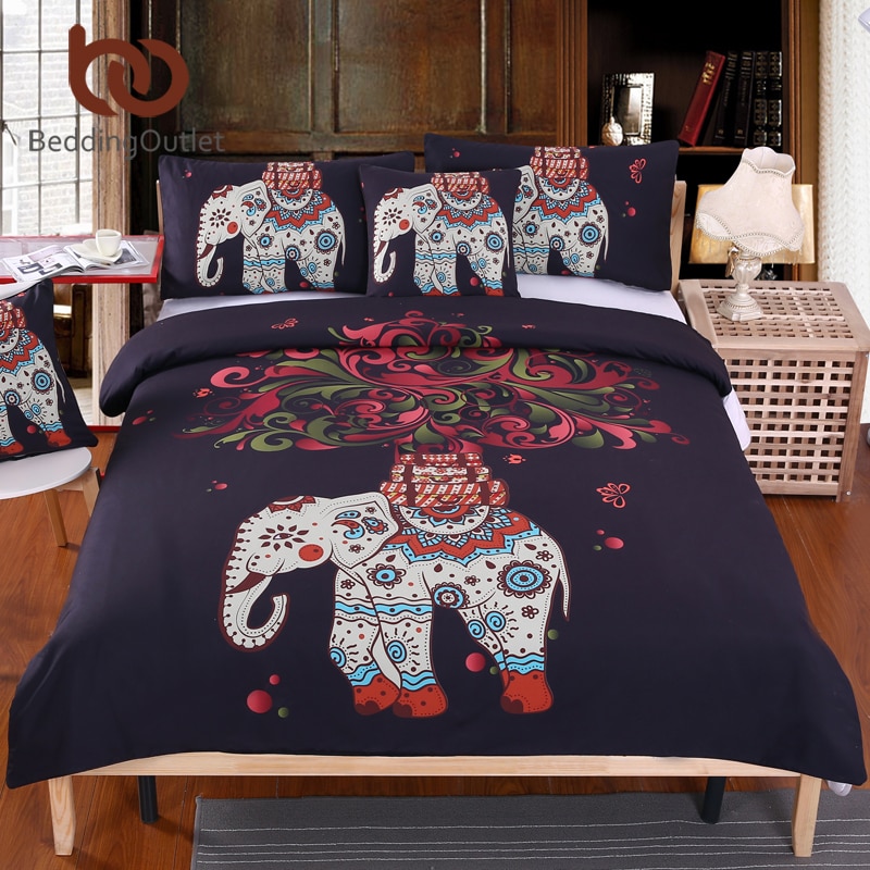 ħ   ħ Ʈ ε ڳ  ̾ ສ Ŀ ħ Ʈ ü  ŷ ħ 4  Ʈ/BeddingOutlet Boho Bedding Set Indian Elephant Black Printed Bohemia Duvet Cover Bedsp